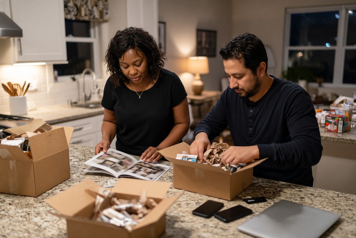 Illustrative: a couple packing catalog orders at a kitchen island at night
