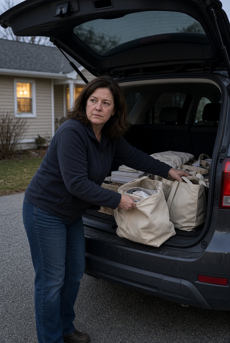 Illustrative: a woman loading tote bags into an SUV at dusk