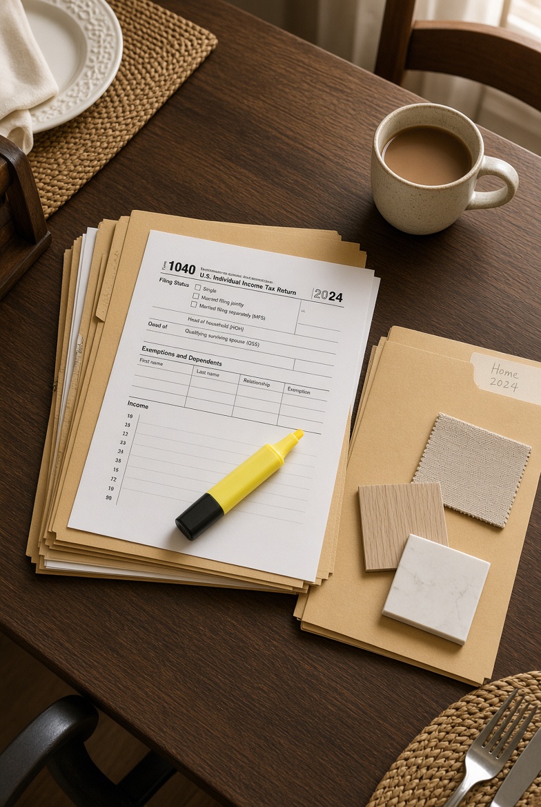 Illustrative: 2024 Form 1040, folders, highlighter, and coffee on a kitchen table