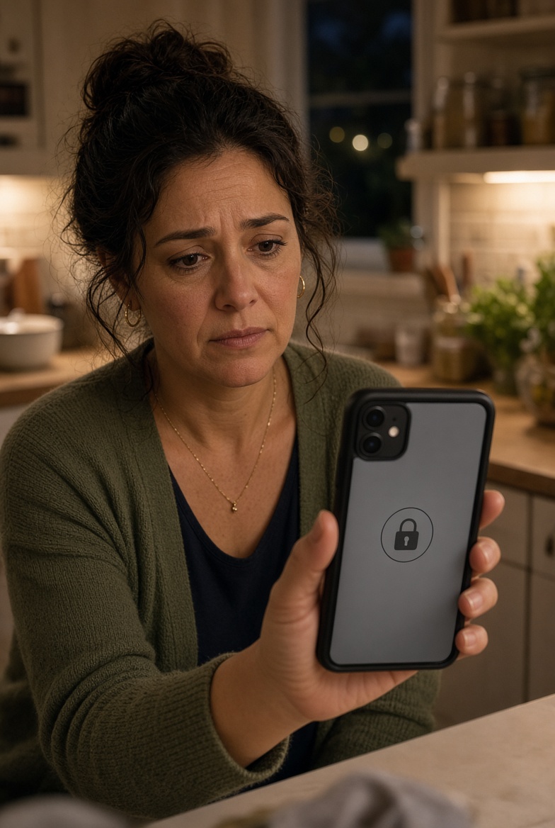 Illustrative: a woman looking at a locked phone in a kitchen